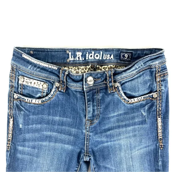 LA Idol USA Leopard Pocket Rhinestone Studded Medium Wash Skinny Jeans - Picture 3 of 9